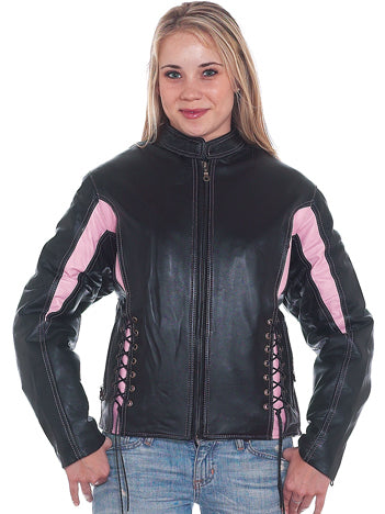 Womens Black & Pink Leather Racer Jacket With Multi Pockets