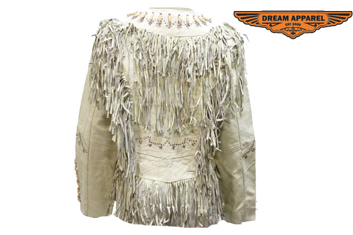 Womens Off White Leather Jacket With Beads, Studs, Bone & Fringe With Snaps