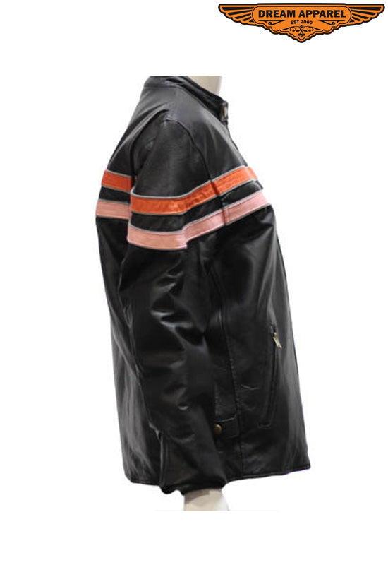 Womens Leather Jacket With Orange & Pink Racing Stripes