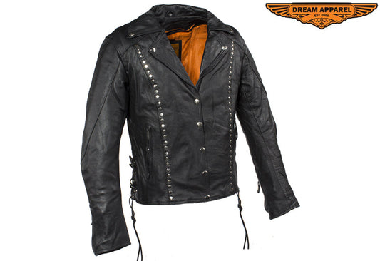 Womens Studded Leather Motorcycle Jacket With Concealed Carry Pockets