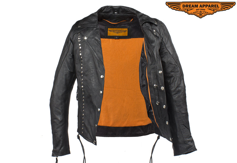 Womens Studded Leather Motorcycle Jacket With Concealed Carry Pockets