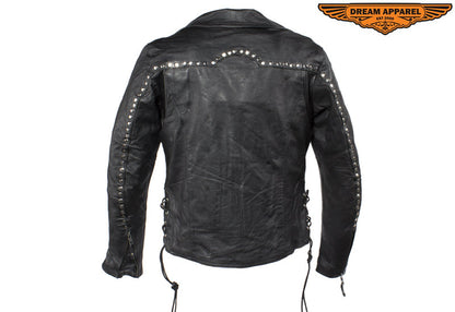 Womens Studded Leather Motorcycle Jacket With Concealed Carry Pockets