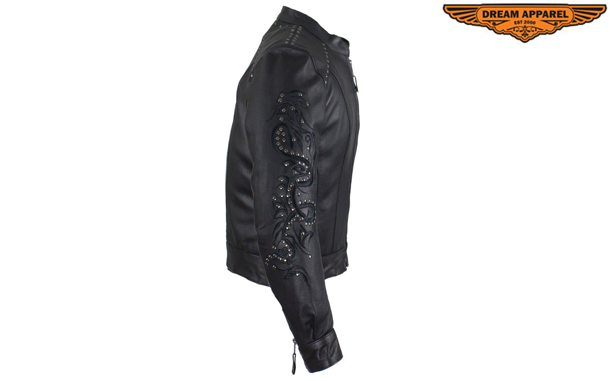 Women's Leather Jacket With Tribal Embroidery & Studs