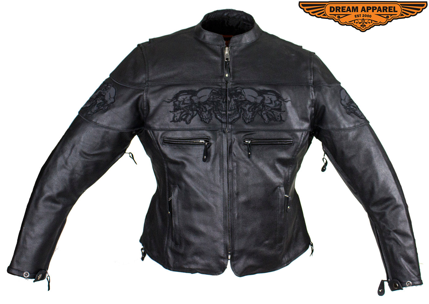 Women's Black Motorcycle Jacket with Reflective Skulls