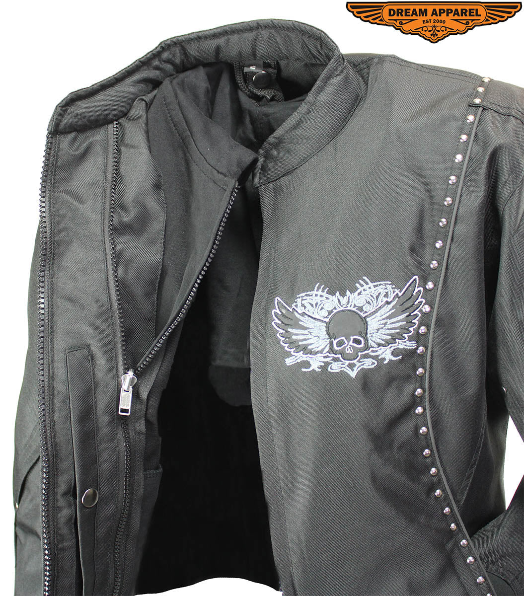 Women's Studed Motorcycle Textile Jacket With Grey Hoodie & Sull & Wings