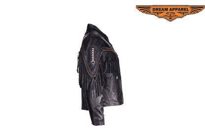 Womens Leather Jacket With Braid & Fringe