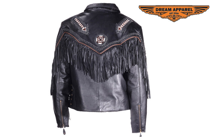 Womens Leather Jacket With Braid & Fringe