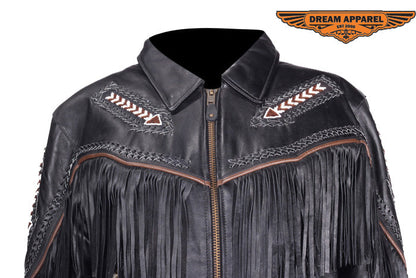 Womens Leather Jacket With Braid & Fringe