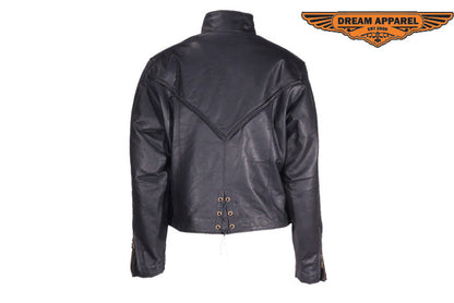 Women Cowhide  Jacket With V-Lace