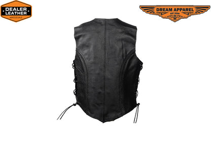 Womens Black Motorcycle Multi Pockets Leather Vest