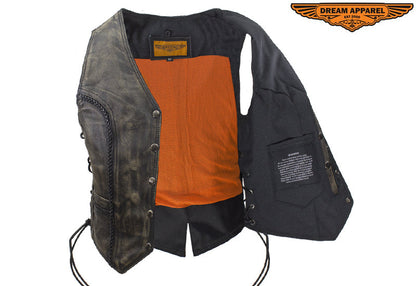 Womens Longer Cut Distressed Brown Cowhide Leather Motorcycle Vest