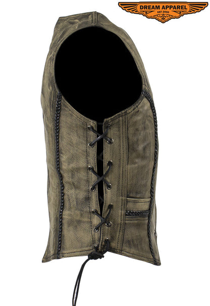 Women's Distressed Brown Leather Motorcycle Vest With Side Laces