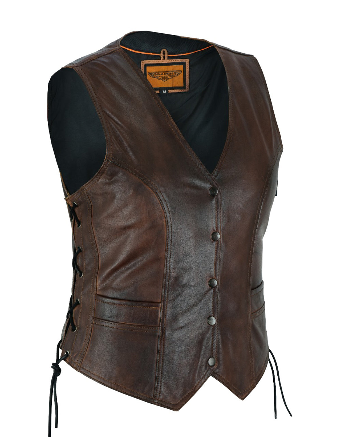 Womens Brown Cowhide Leather Motorcycle Vest Side Laces