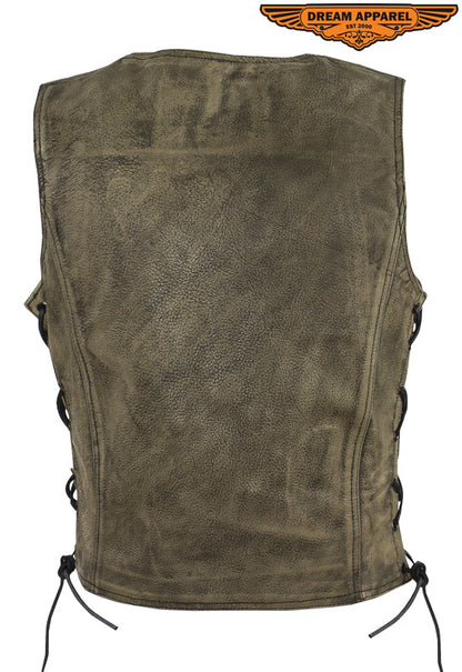 Womens Distressed Brown Leather Motorcycle Vest With Side Laces