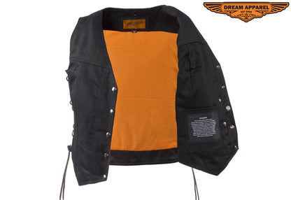 Womens Black Denim Motorcycle Vest With Side Laces