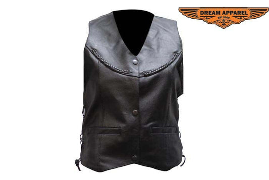 Womens Leather Vest With Pockets & Laces