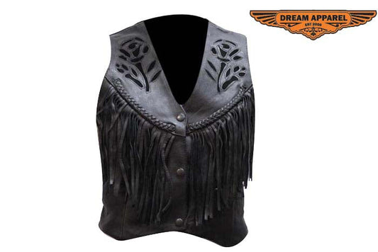 Women Black Rose Inlay Motorcycle Vest