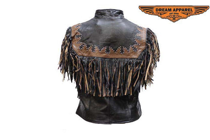 Women Black and Brown Vest with Beads, Bone, Braid & Fringe with Snaps