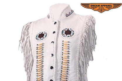 Womens Leather Snap Up Vest With Bones & Beads