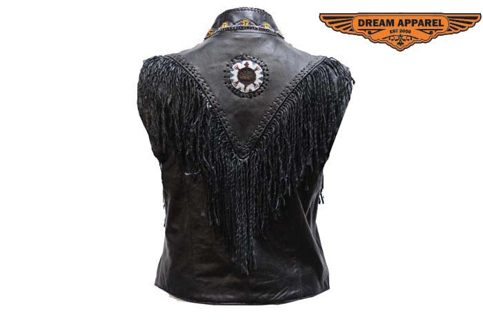 Womens Leather Vest With Nylon Lining Bone & Beads