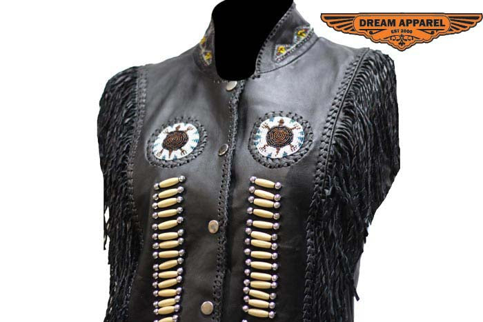 Womens Leather Vest With Nylon Lining Bone & Beads