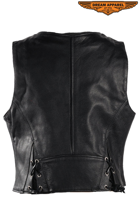 Womens Black Biker Leather Vest With Concealed  Pockets