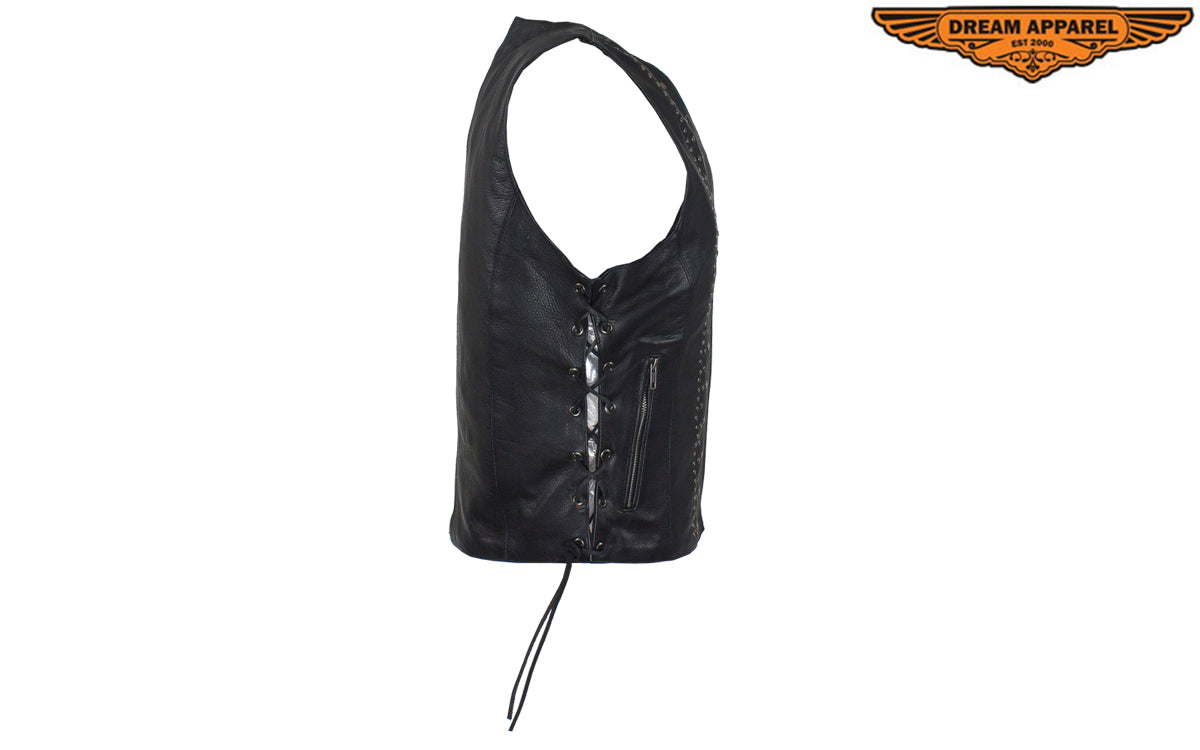 Womens Leather Motorcycle Vest With Satin Nickel Studs