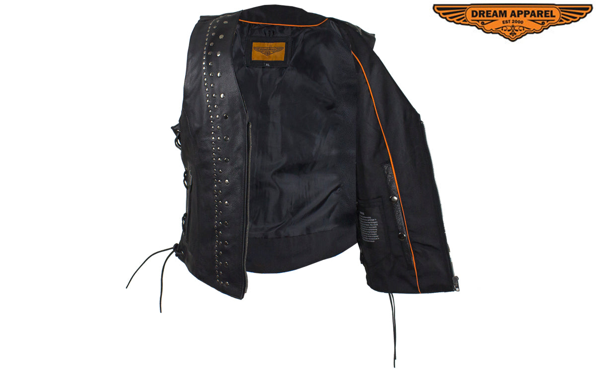 Womens Leather Motorcycle Vest With Satin Nickel Studs