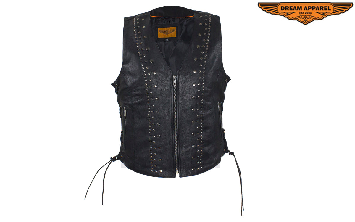 Womens Leather Motorcycle Vest With Satin Nickel Studs