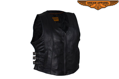 Dream Apparel Women Leather Concealed Carry Pockets Vest with roller buckles