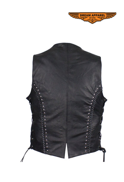 Womens Studded Naked Cowhide Leather Motorcycle Vest W/ Concealed Gun Pockets and Snaps