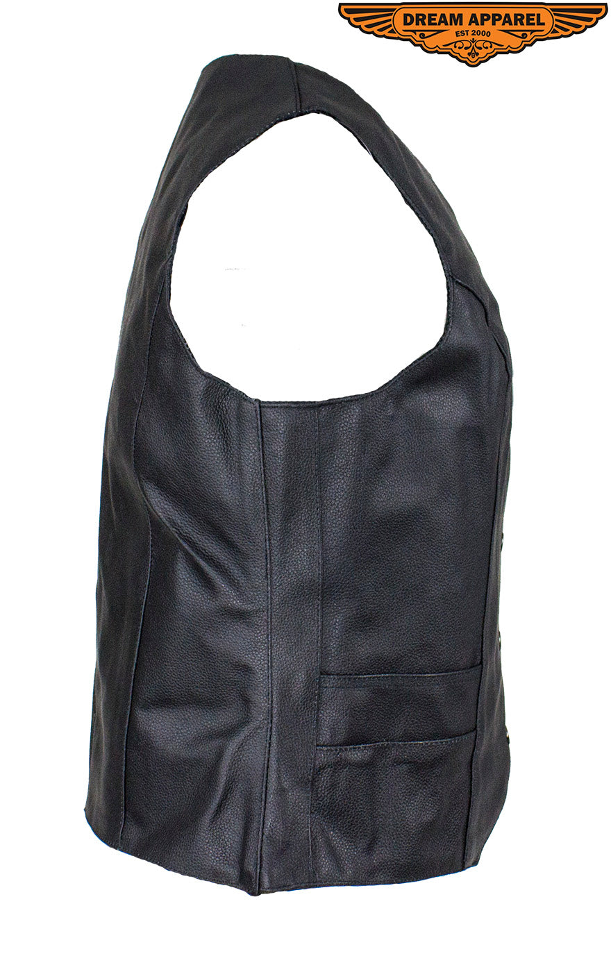 Women's Motorcycle Black Concealed  Pocket Vest With Side Laces