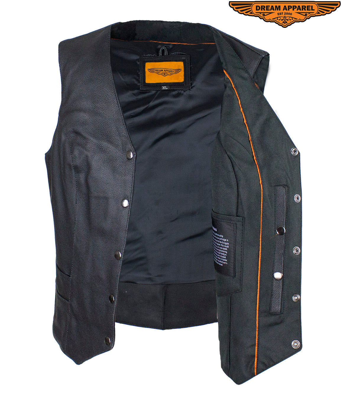 Women's Motorcycle Black Concealed  Pocket Vest With Side Laces