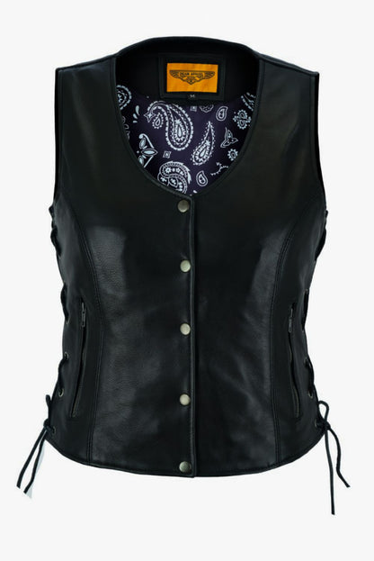 Women Vest Purp Paisley Lining Side Laces Conceal Pockets