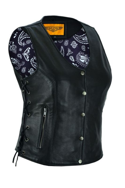 Women Vest Purp Paisley Lining Side Laces Conceal Pockets