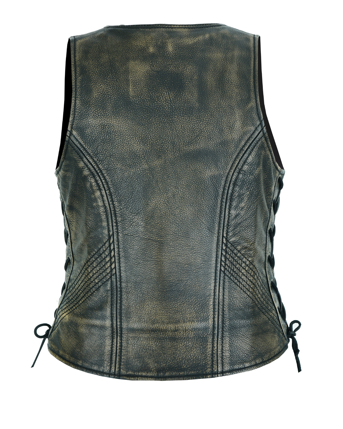 Women's Distressed Brown Naked Leather Vest Side Laces, front zipper