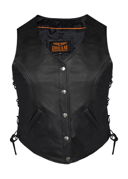 Women Plain Vest Side Laces, Long with 5-Snap Front, Conceal Carry Pockets, Premium Cowhide Leather