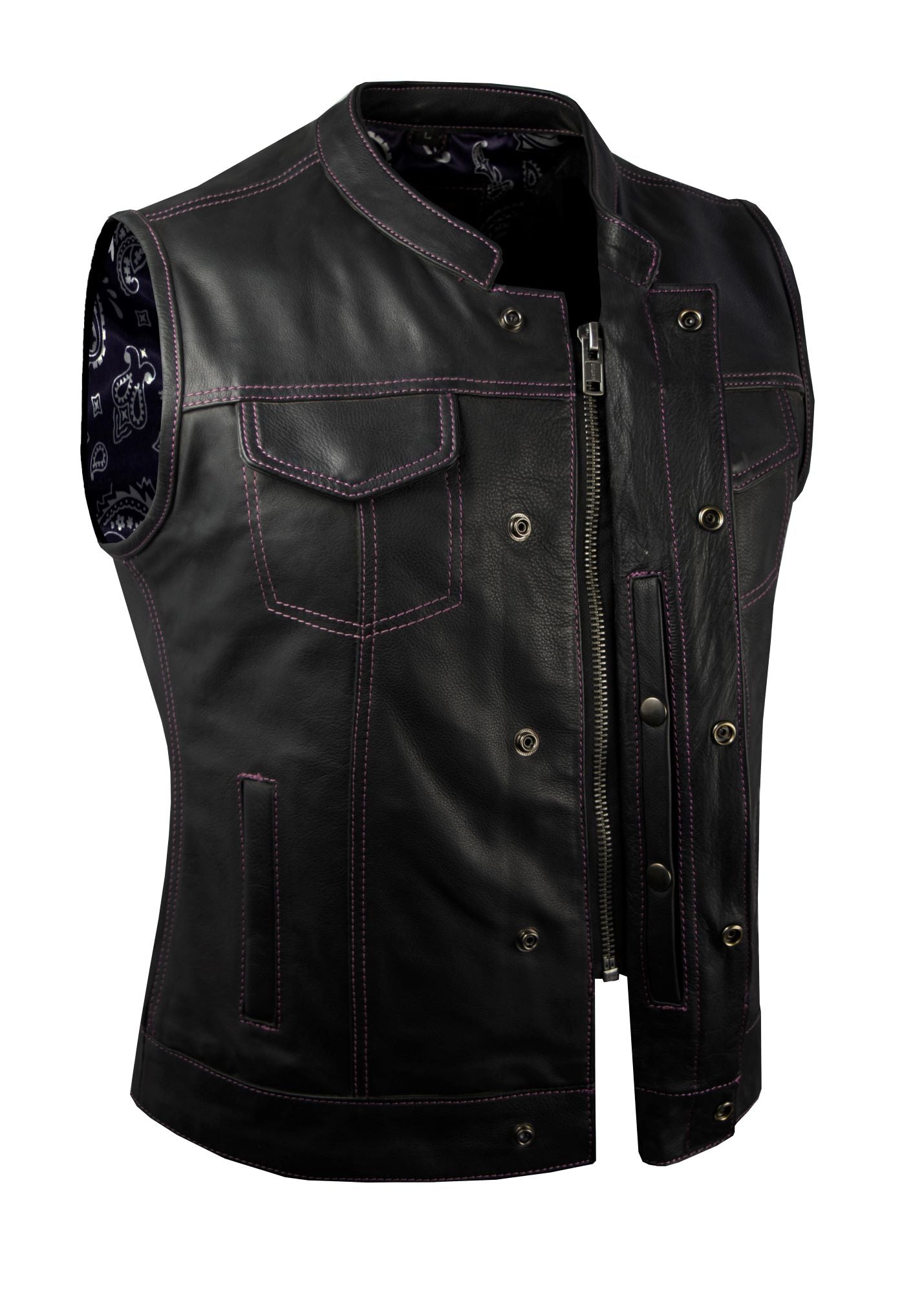 Dream Apparel Ladies Motorcycle Leather CLUB VEST Purple Thread, Purple Paisley Lining