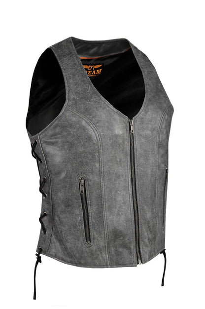 Women Grey Zipper Front Vest Side Laces, Conceal Carry Pockets, Premium Cowhide Leather