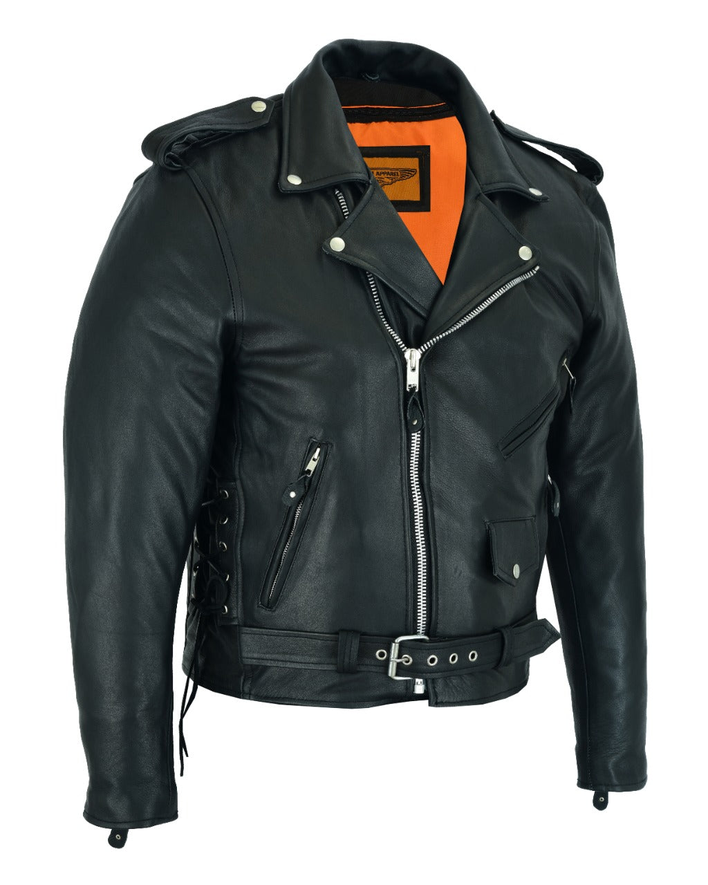 Dream Apparel Mens Classic Police Style Motorcycle Jacket With Side Laces Silver Hardware