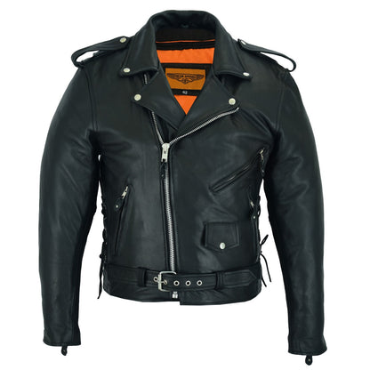 Dream Apparel Mens Classic Police Style Motorcycle Jacket With Side Laces Silver Hardware