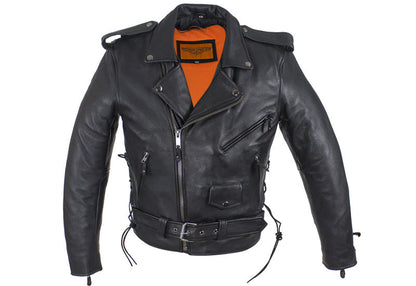 Mens Classic Police Style Motorcycle Jacket With Side Laces Zipout Lining