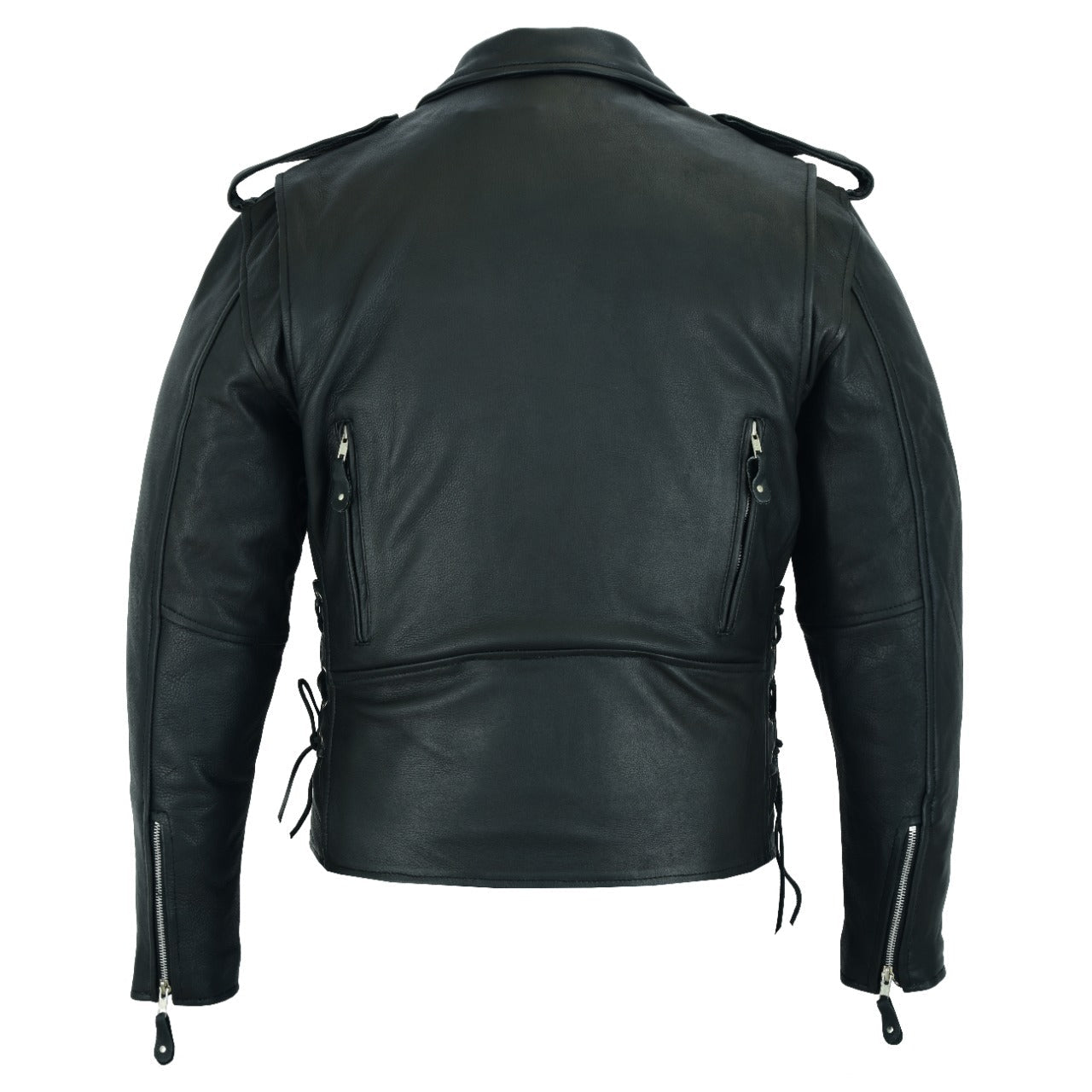 Mens Classic Police Style Motorcycle Jacket Side Laces Premium Cowhide Leather