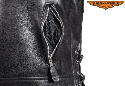 Mens Classic Police Style Motorcycle Jacket With Side Laces