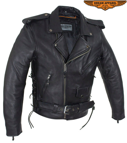 Mens Classic Police Style Motorcycle Jacket With Side Laces, Conceal Carry Gun Pockets Zipout Lining