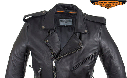 Mens Classic Police Style Motorcycle Jacket With Side Laces, Conceal Carry Gun Pockets Zipout Lining