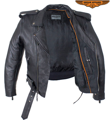 Mens Classic Police Style Motorcycle Jacket With Side Laces, Conceal Carry Gun Pockets Zipout Lining