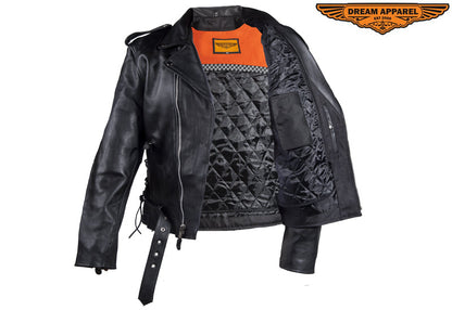 Mens Classic Police Style Motorcycle Jacket With Side Laces, Conceal Carry Gun Pockets Zipout Lining