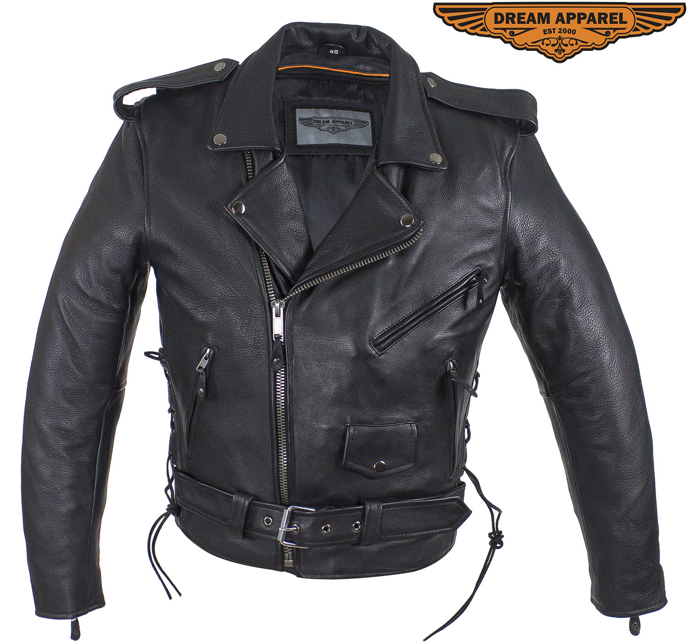 Mens Classic Police Style Motorcycle Jacket With Side Laces, Conceal Carry Gun Pockets Zipout Lining