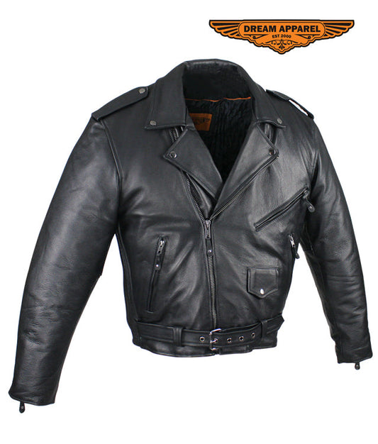 Mens Naked Cowhide Leather Motorcycle Jacket With Snap Down Collar & Belt